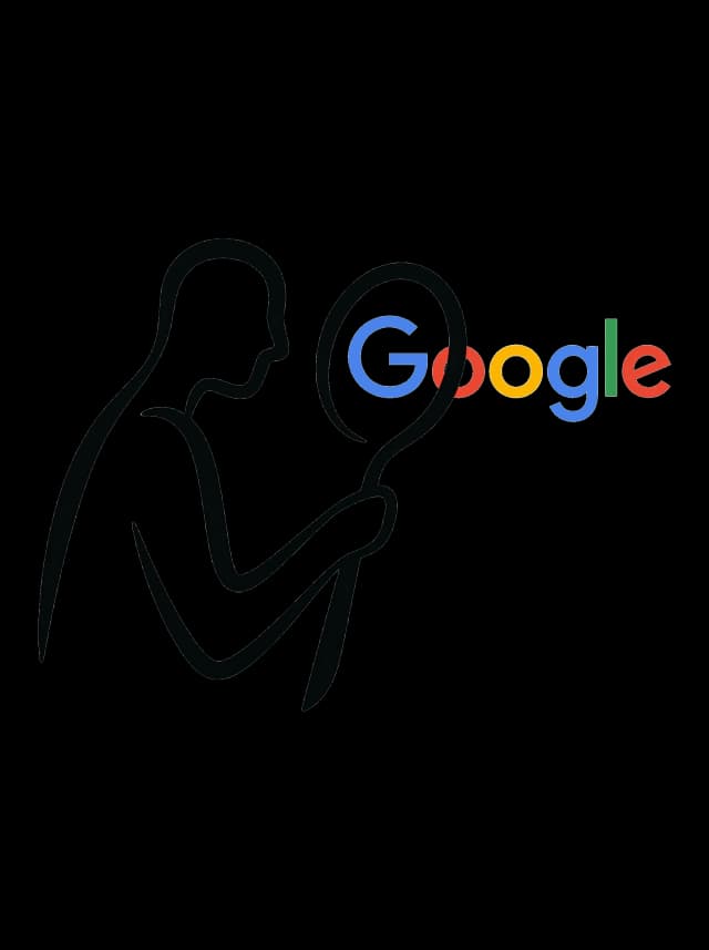 Line drawing of a person examining the Google logo through a magnifying glass