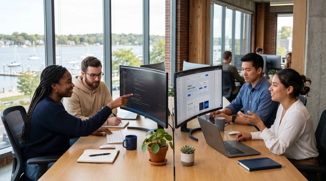Four colleagues discussing code and a UI component library on two monitors in a waterfront office