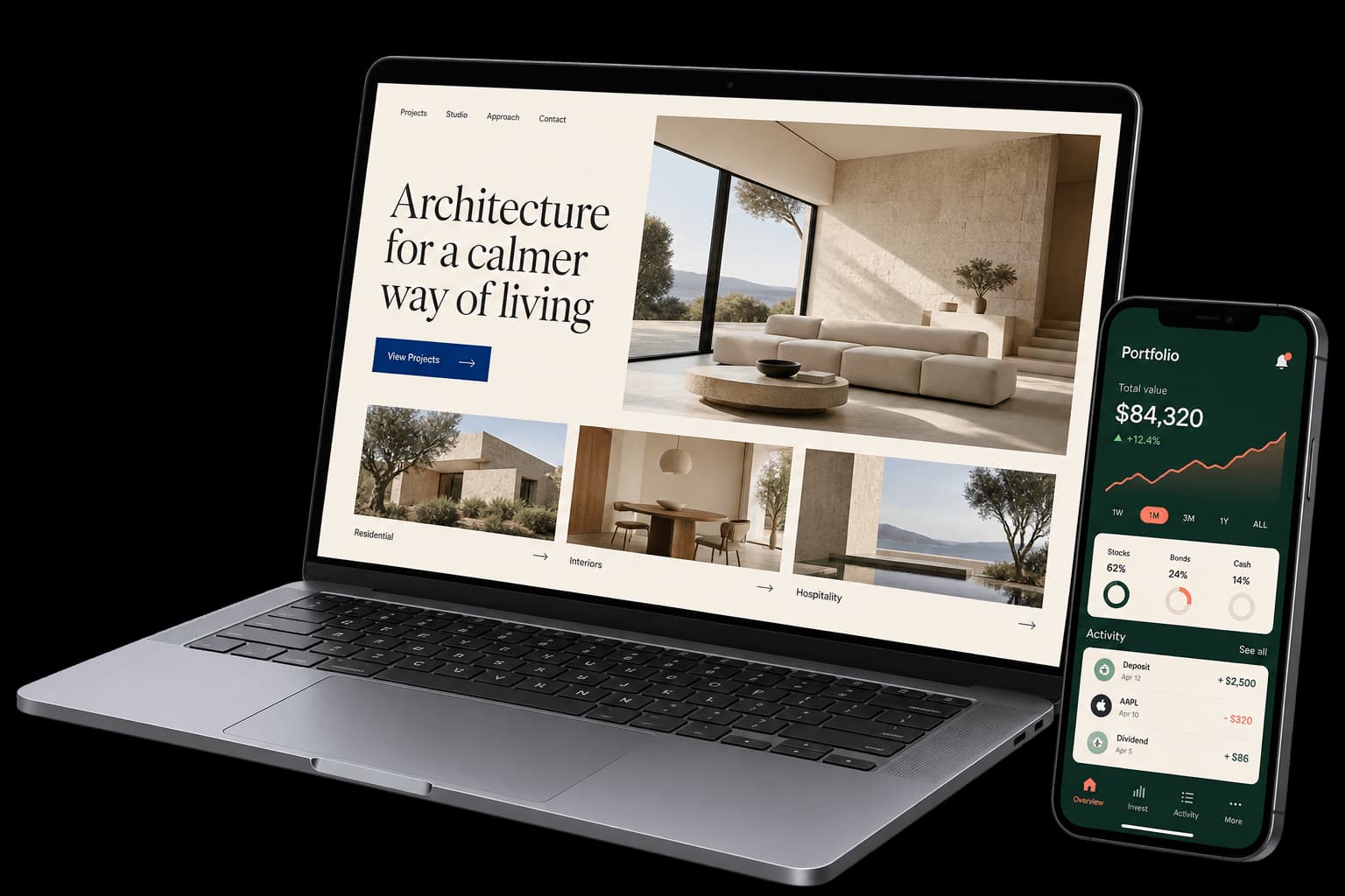 Responsive website mockup with charts and photo cards on a laptop and a phone